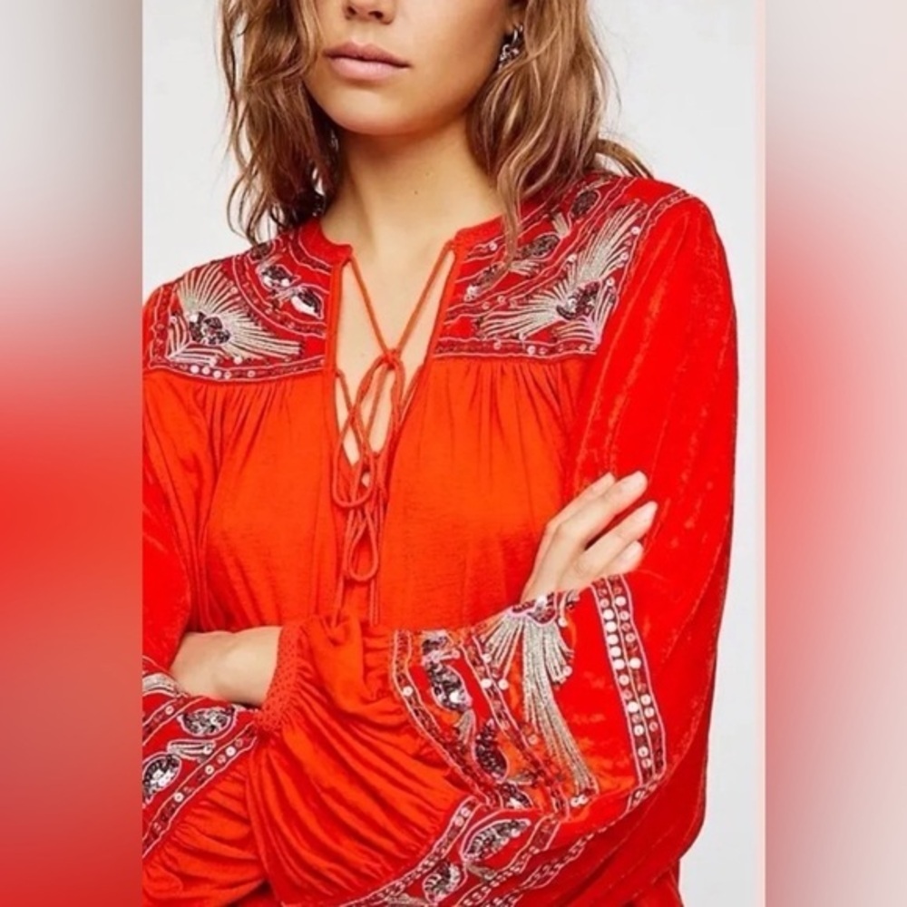 ♥️Free People  Linen Blend Velour Dolman arm blouse/Vneck/embroidery/sequi…